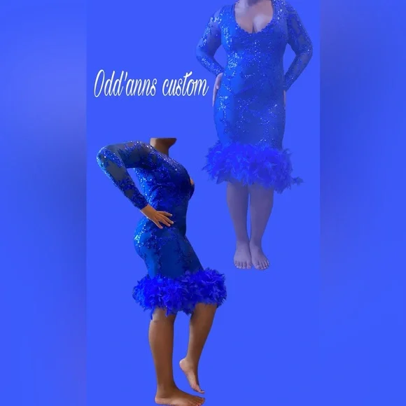 Royal blue sequin dress with feather lining on the